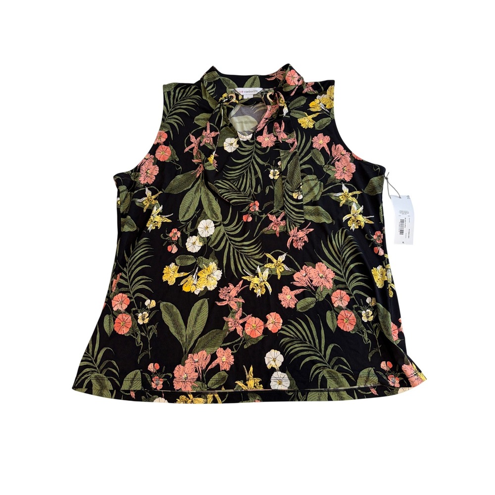 Liz Claiborne Womens XL Black Floral Tropical Tie Neck Sleeveless Blouse NEW